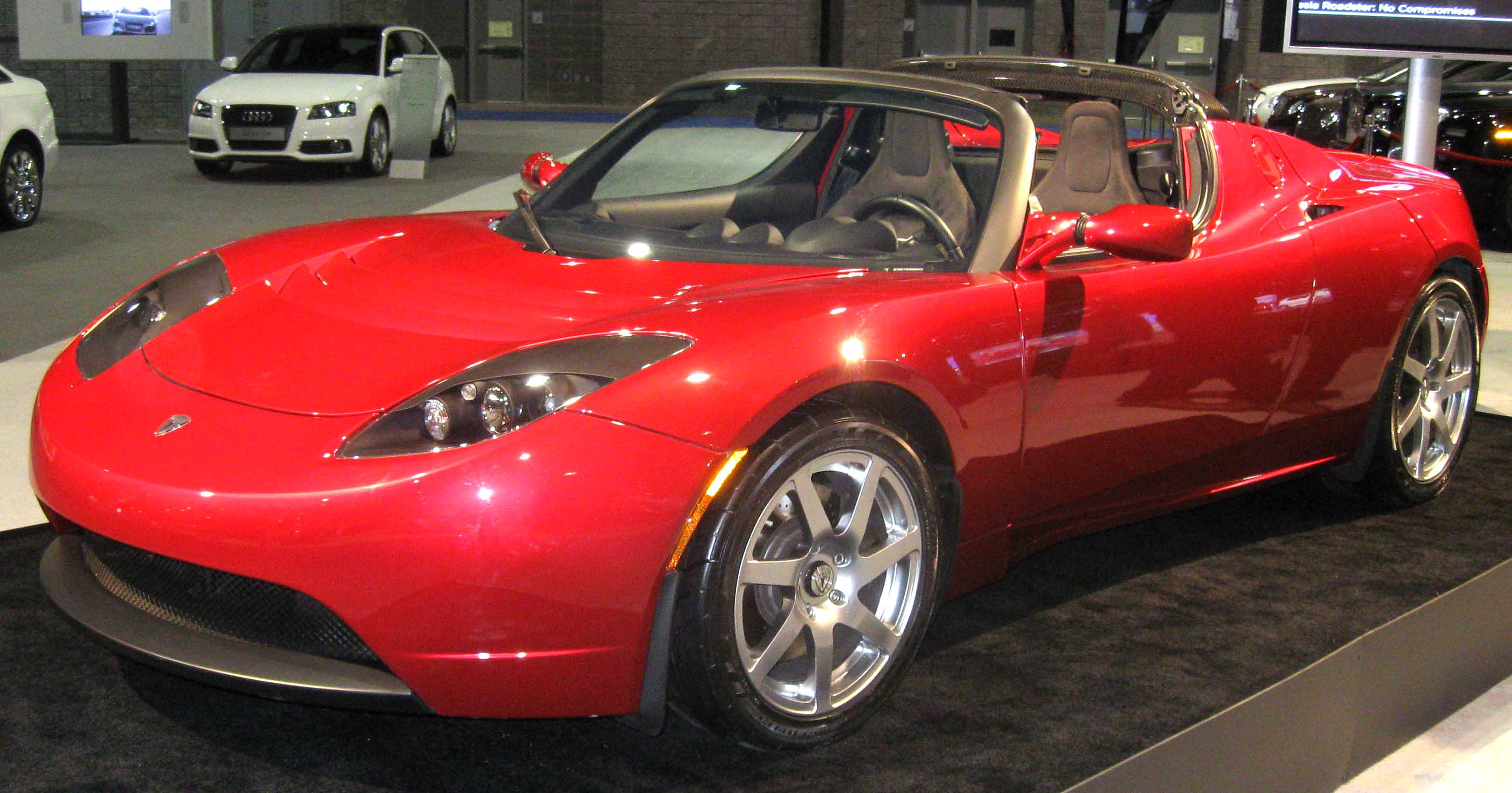 Believe it or not, this car runs entirely on electricity. The Tesla Roadster goes from 0-60 in less than 4 seconds and has a range of about 220 miles.